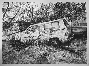 Image of the ink drawing, Forgotten Vehicle by Kendal Warren.
